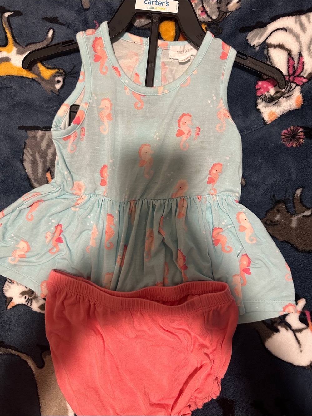Angel Dear Girls Mint Seahorse Dress and Coral Bloomers Matching Set